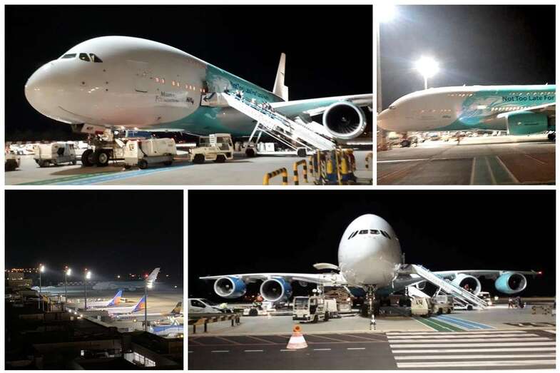 El avión de pasajero más grande del mundo en Gando, anoche (Foto Antonio Rico y otros)